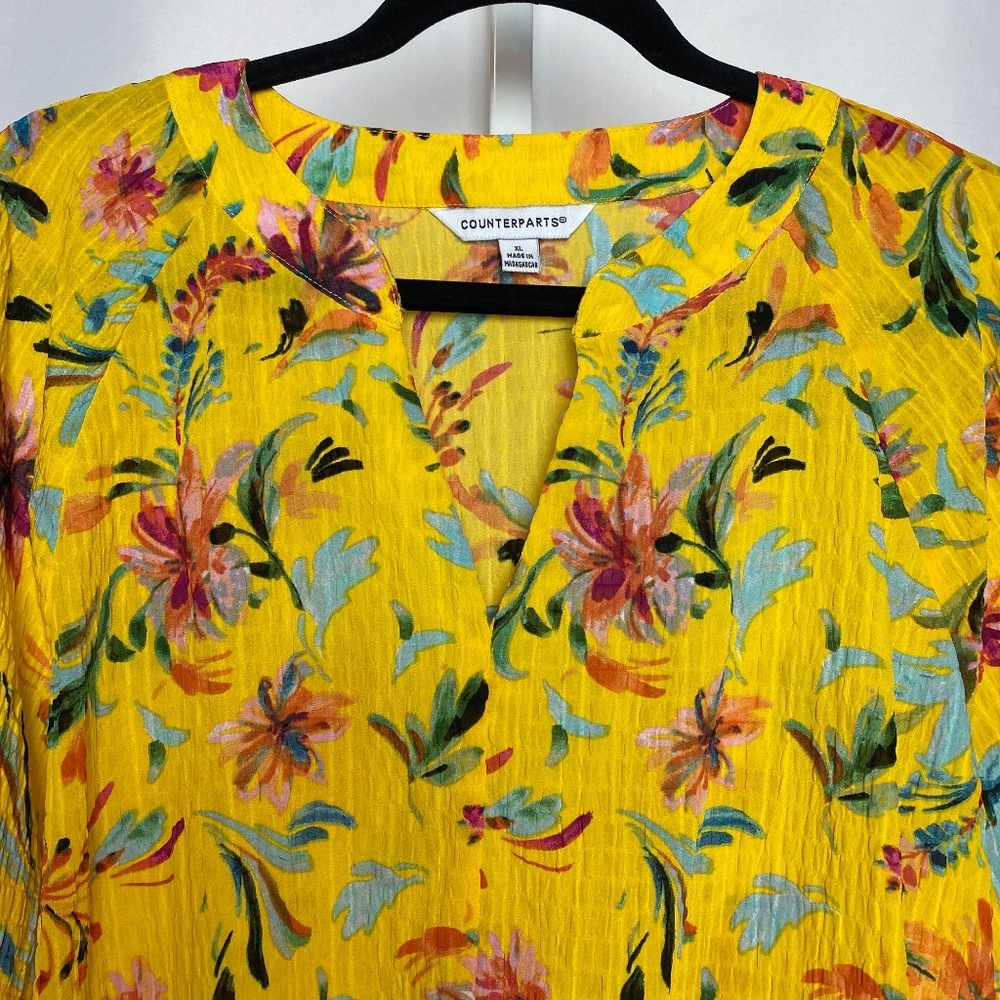 Counterparts Womenʻs Yellow Floral Long Sleeve Smocked Wrist Blouse X-Large - Picture 2 of 8
